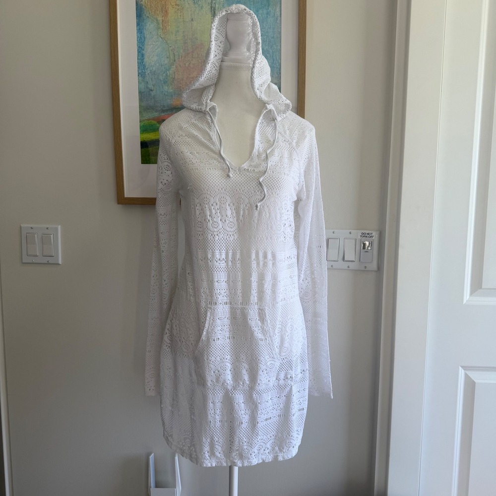 prAna White Crochet Knit Hooded Beach Cover-Up Dress Boho Chic Resortwear XS